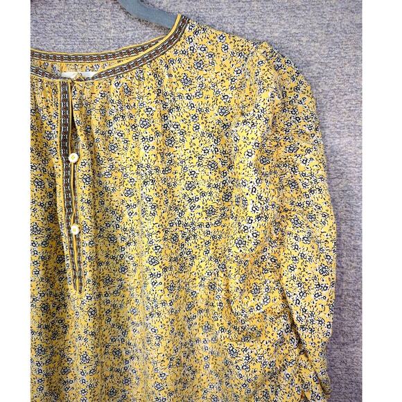 Max Studio Floral Yellow Blue Blouse Tunic Puff 3/4 Sleeve Size  Large - Picture 2 of 10